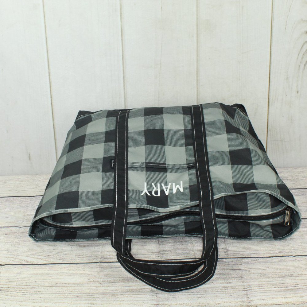 LL Bean Boat & Tote Plaid Gray Polyester Zip-Top Embroidery "Mary" Tote Bag - Picture 8 of 11